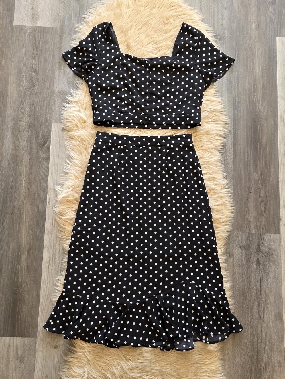 Very J Black Polka Dot Two-Piece Dress Set Crop Top Midi Skirt Women's Large